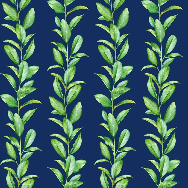 Bezešvé Vzor Akvarel Větvičky Zelenými Listy Izolované Modrém Pozadí — Stock fotografie