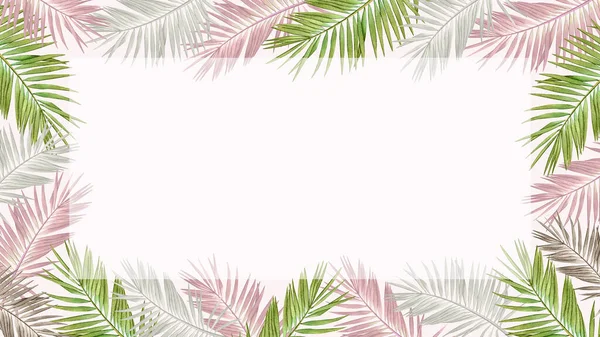 Floral frame with watercolor tropical palm leaves in pastel colors on light pink background.