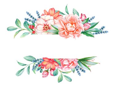 Çiçekli suluboya buketli çiçek sınırı ve metin için boş alan.