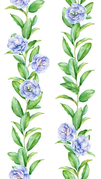 Kolekce Akvarelu Hladké Květinové Okraje Živě Zelené Větve Modrými Květy — Stock fotografie