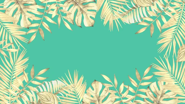 Floral frame with watercolor tropical plants and leaves on teal blue background.