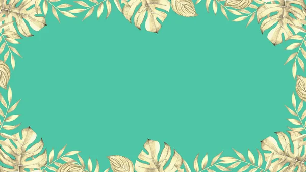 Floral frame with watercolor tropical plants and leaves on teal blue background.
