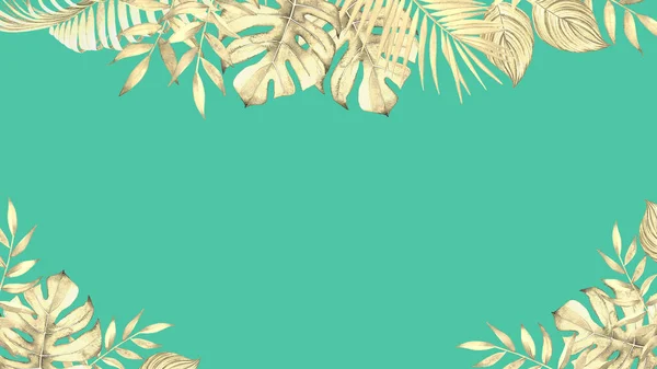 Florales Design Mit Tropischen Pflanzen Und Blättern Aquarell Auf Blaugrünem — Stockfoto