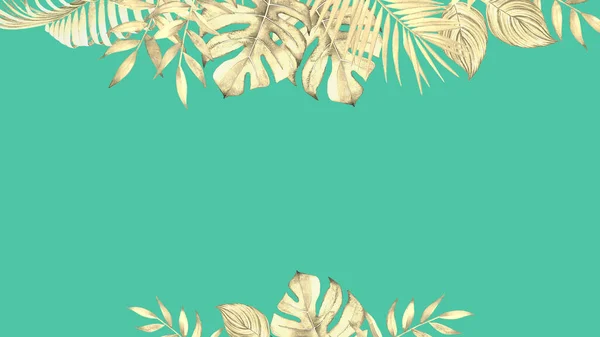 Decorative Floral Design Watercolor Tropical Plants Leaves Teal Blue Background — Stock Photo, Image