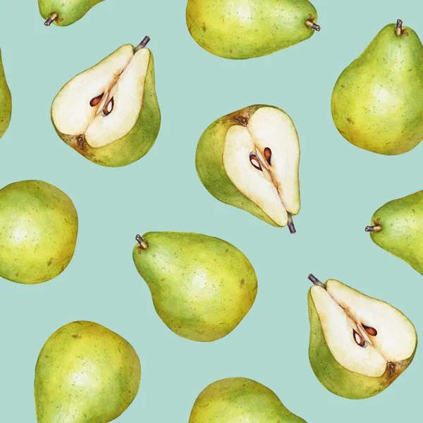 淡青地に分離した水彩緑の梨とシームレスなパターン — ストック写真