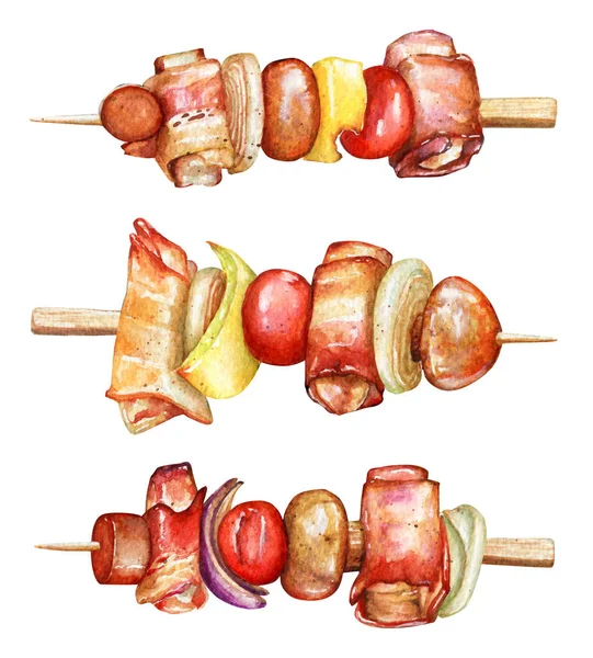 Illustration Aquarelle Kabobs Shish Avec Porc Bacon Champignon Légumes Sur — Photo