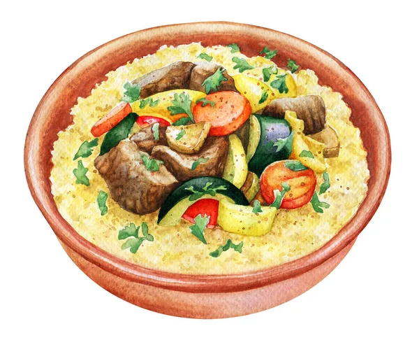 Aquarel Illustratie Van Traditionele Maghrebijnse Schotel Couscous Met Gestoofde Groenten — Stockfoto