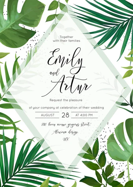 結婚式の花の水彩画を招待 招待状 保存日付を残すパーム熱帯緑の枝でカード デザイン 緑の森植物透明な装飾 ベクトルかわいいエレガントなテンプレート — ストックベクタ