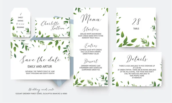 Mariage Enregistrer Date Menu Étiquette Numéro Table Carte Information Vectoriel — Image vectorielle