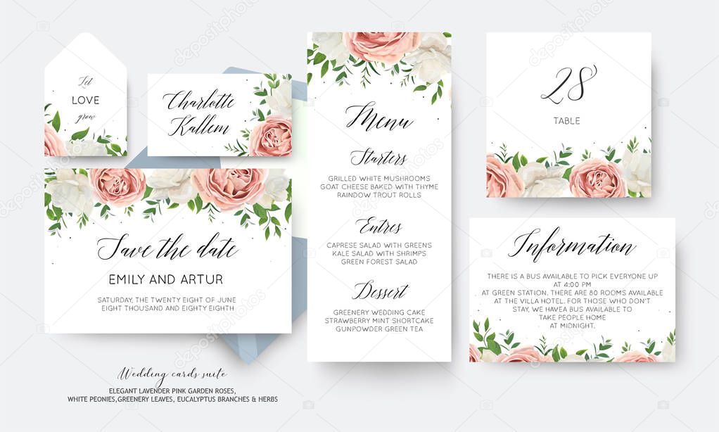 Wedding floral save the date, menu, label, table number card big vector design with creamy white garden peony flowers blush pink roses, eucalyptus green leaves, greenery herbs decoration. Romantic se