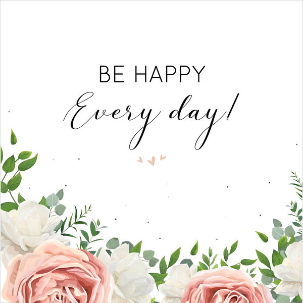 Wedding floral watercolor greeting card, invite, save the date design with creamy, white garden peony flowers blush pink roses, green leaves, greenery herbs, eucalyptus branch decor. Romantic template