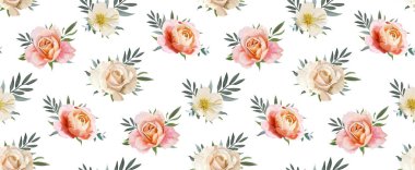 Vektör çiçek seamless modeli, backgorund tasarım: Bahçe şeftali, kremsi, turuncu pembe gül, beyaz Manolya çiçek, okaliptüs, zeytin dalı, yeşil yaprakları sarı. Suluboya zarif, şirin illüstrasyon