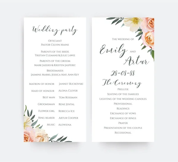 Γάμος Σχεδιασμού Κάρτα Προγράμματος Τελετή Floral Ακουαρέλα Κόμμα Κήπο Ροζ — Διανυσματικό Αρχείο
