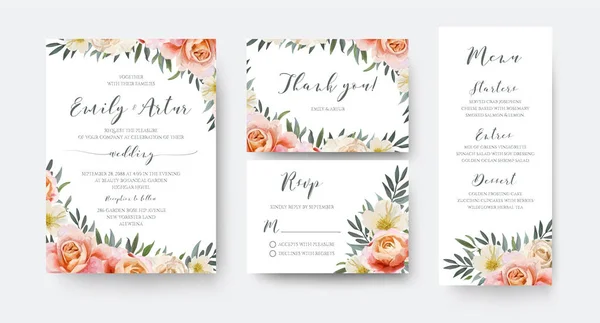 結婚式花招待 ありがとうございます Rsvp メニュー カード デザイン ガーデン ピンク ピーチとオレンジのバラ 黄色白いマグノリア花 — ストックベクタ