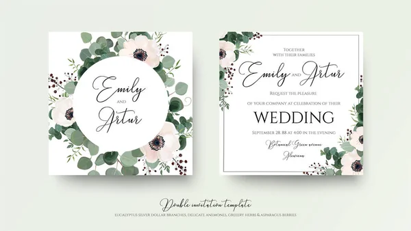 Convite Casamento Floral Convidar Cartão Quadrado Design Luz Rosa Anêmona — Vetor de Stock