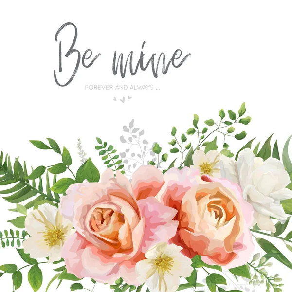 ベクトル結婚式招待 水彩花の花束とグリーティング カード デザイン 庭のピンク ピーチ オレンジ ローズ 黄色白いマグノリア花 森緑のシダの葉の植物します — ストックベクタ