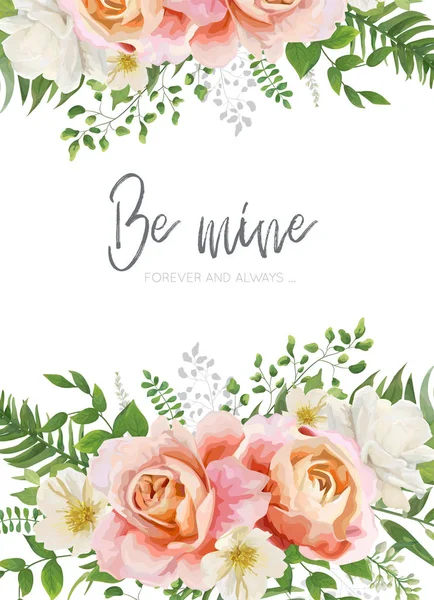 結婚式の招待状 招待状 グリーティング カード ポスターのデザイン ガーデン ピンク ピーチ バラの花 白いモクレンの花 — ストックベクタ