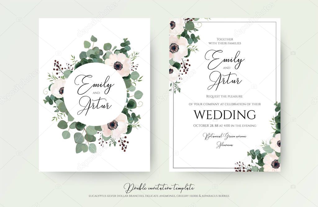 Wedding Invitation, floral invite modern card Design: light pink anemone flower, green eucalyptus greenery branches, thyme leaves & berries wreath & frame pattern. Vector, elegant, watercolor templat