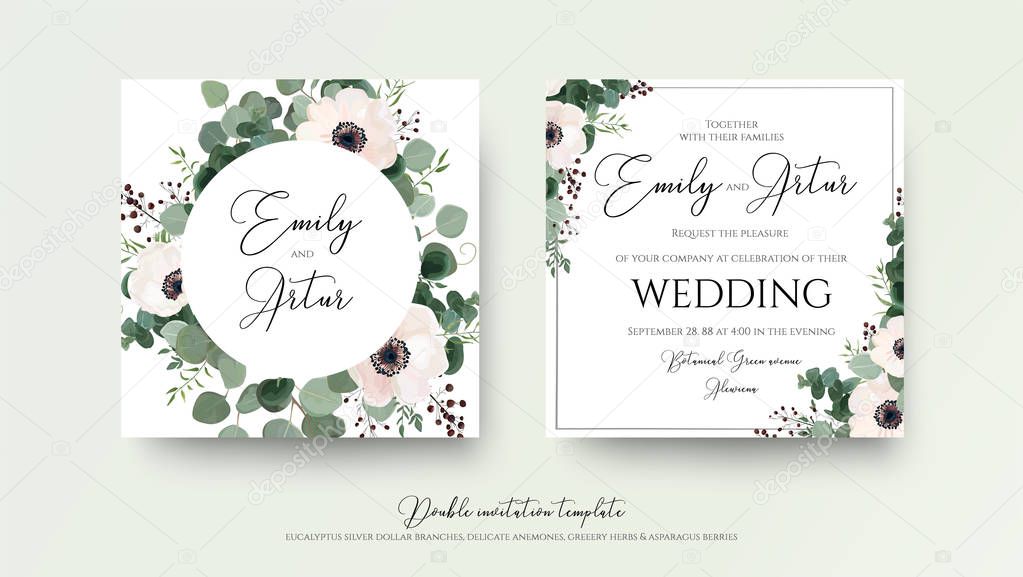 Wedding Invitation, floral invite square card Design: light pink anemone flower, green eucalyptus greenery branches, thyme leaves & berries wreath and frame pattern. Vector, modern watercolor template
