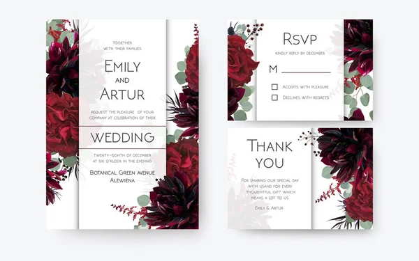 Convite Casamento Cartão Convite Rsvp Obrigado Cartões Design Floral Flores —  Vetores de Stock