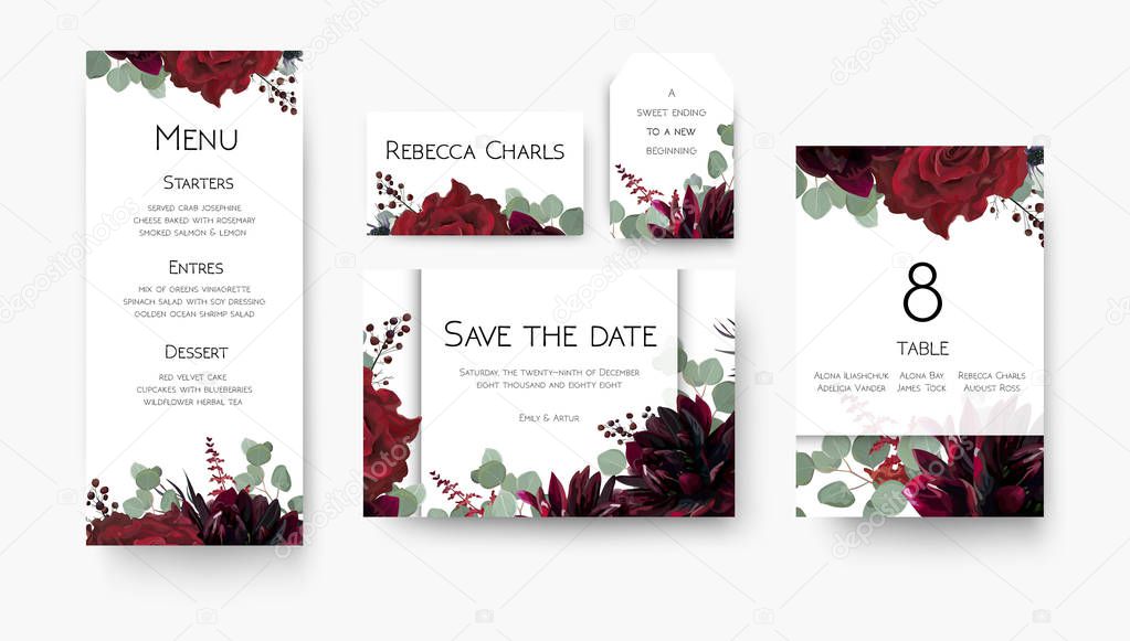 Wedding invite, invitation save the date card floral design. Red rose flower, burgundy dahlia, eucalyptus silver dollar branches, berries bohemian wreath with rose gold, copper geometrical decoration