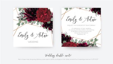 Düğün vector Floral davet, davet tarihi kart tasarımı Kaydet. Çiçek, Bordo dahlia, okaliptüs gümüş dolar dalları, çilek ve trendy bakır geometrik çerçeve suluboya stil kırmızı şarap gül