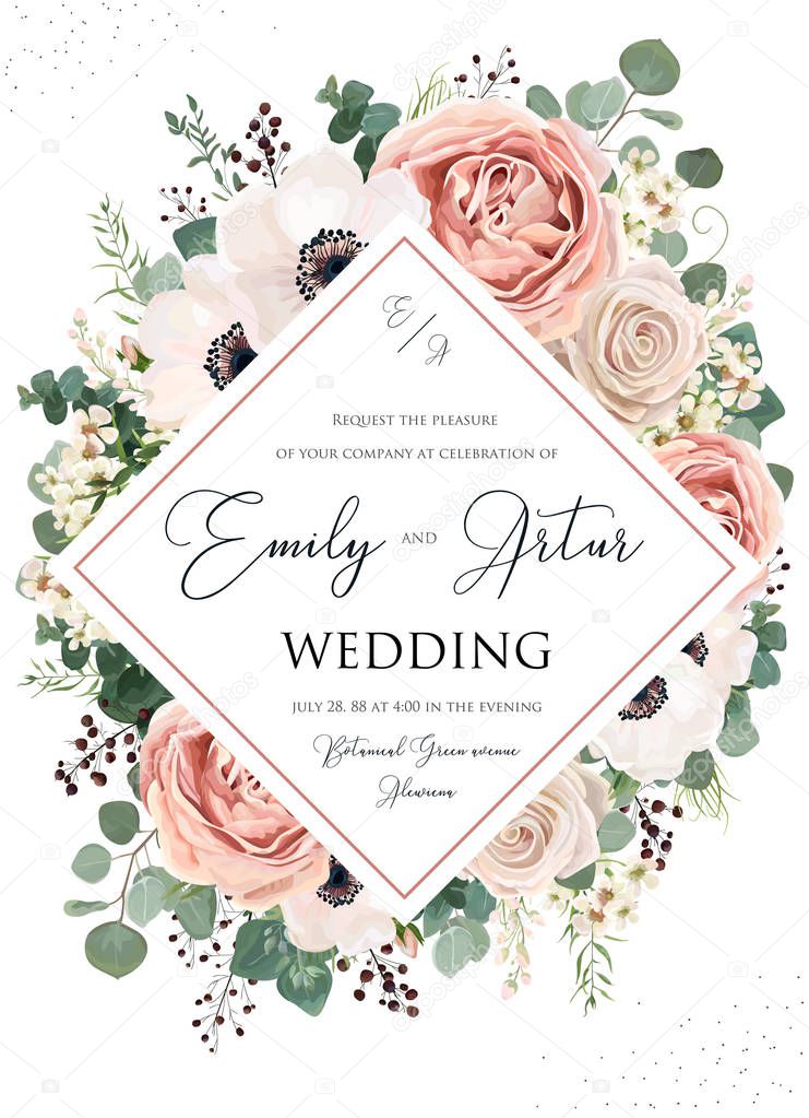 Wedding invite, invitation, save the date card floral design. Pink Rose flower, blush dusty Anemone flowers, eucalyptus silver, greenery leaves, branches, berry decoration.  Elegant, romantic template