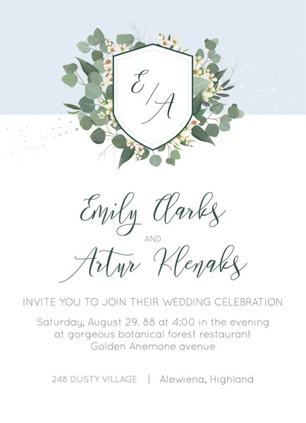 Hochzeitseinladung Einladung Speichern Sie Die Datumskarte Florales Design Kranz Monogramm — Stockvektor