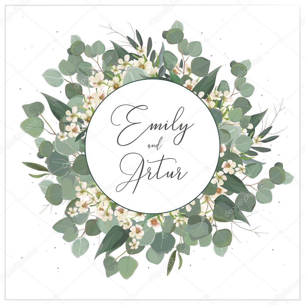 Wedding invite, invitation, save the date card floral design. Wreath monogram with silver dollar eucalyptus greenery leaves, green branches and creamy wax flowers decoration. Beautiful modern template