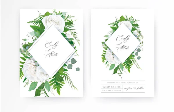 Wedding Invite Invitation Floral Date Card Vector Ivory White Powder — Stock Vector