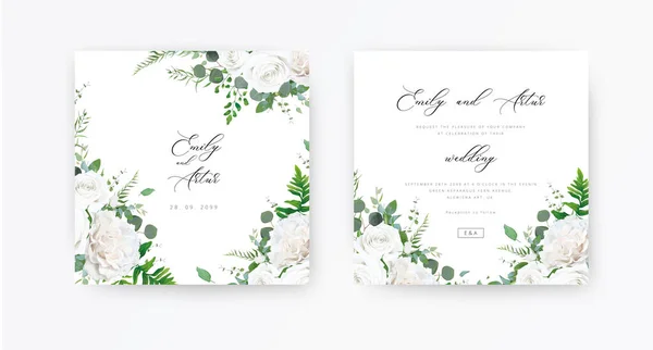 Hochzeitseinladung Einladung Speichern Der Datumskarte Vektorflorales Rahmendesign Elfenbeinfarbene Weiße Pfingstrosenblüten — Stockvektor