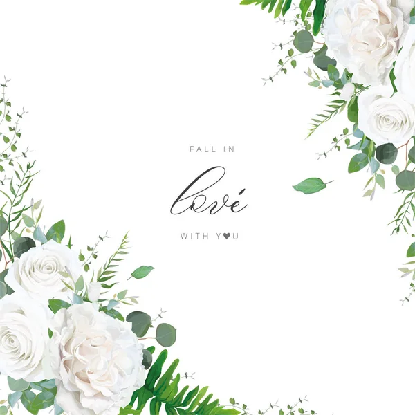 초대장 현수막 Ivory Blush White Peony Rose Flows Green Eucalyptus — 스톡 벡터