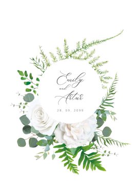 Düğün davetiyesi, davetiye, randevu, tebrik kartı. Vektör çiçekli buket tasarımı: beyaz şakayık çiçeği, okaliptüs dalı, yeşil eğrelti otu, botanik illüstrasyon bırakır. Moda şablonu
