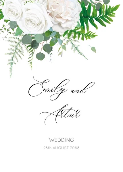 Bröllopsinbjudan Inbjudan Blommor Spara Datumkortet Med Vita Elfenben Rose Blommor — Stock vektor