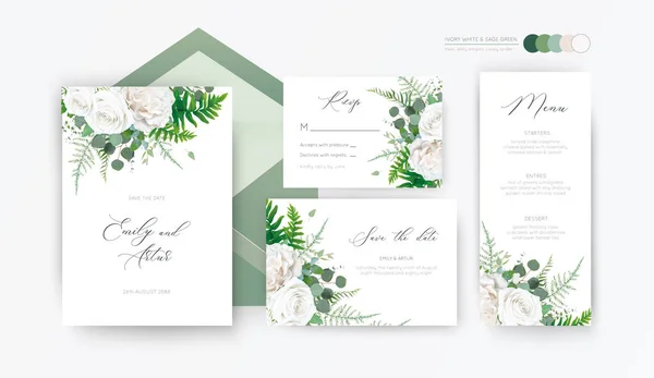 Convite Casamento Convite Rsvp Salvar Data Cartão Menu Design Floral — Vetor de Stock