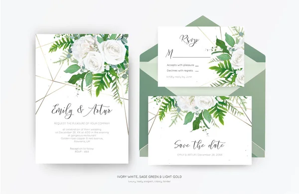 Hochzeitseinladung Einladung Speichern Der Datumskarte Rsvp Design Elegante Elfenbeinweiße Pfingstrosenblüten — Stockvektor