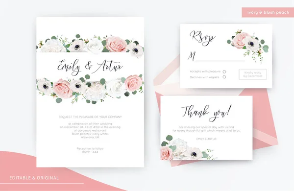 Convite Casamento Convite Rsvp Obrigado Design Aquarela Floral Cartão Marfim —  Vetores de Stock