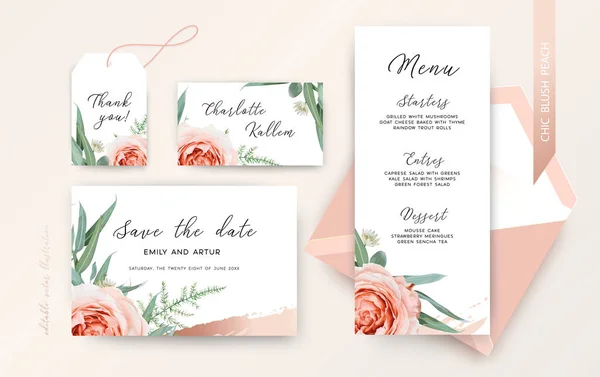 Casamento Salvar Data Menu Rsvp Cartão Lugar Design Floral Rótulo —  Vetores de Stock