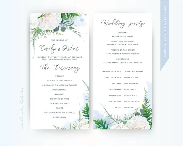 Hochzeitsprogramm Karte Blumenmuster Set Elegante Elegante Zarte Elfenbeinweiße Rosenblüten Spargelfarnblätter — Stockvektor