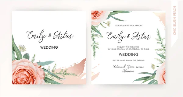 Casamento Quadrado Convidar Salvar Design Cartão Data Blush Rosas Pêssego —  Vetores de Stock