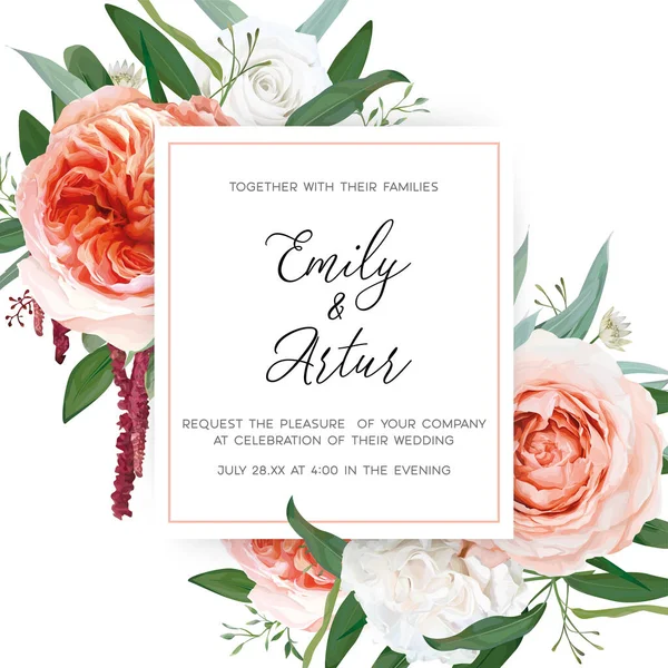 Vector Acuarela Boda Floral Invitación Diseño Tarjetas Felicitación Melocotón Rubor — Vector de stock