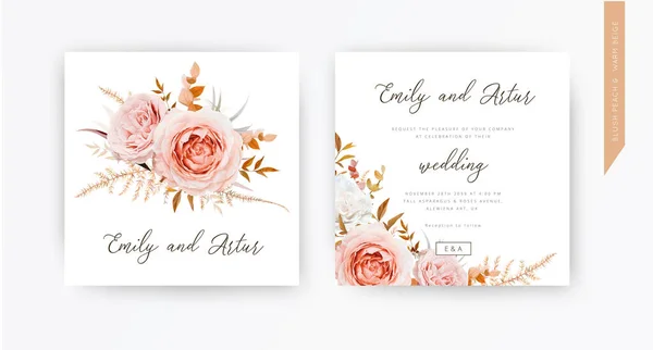 Vector Casamento Convite Cartão Design Blush Flores Pêssego Branco Marfim — Vetor de Stock