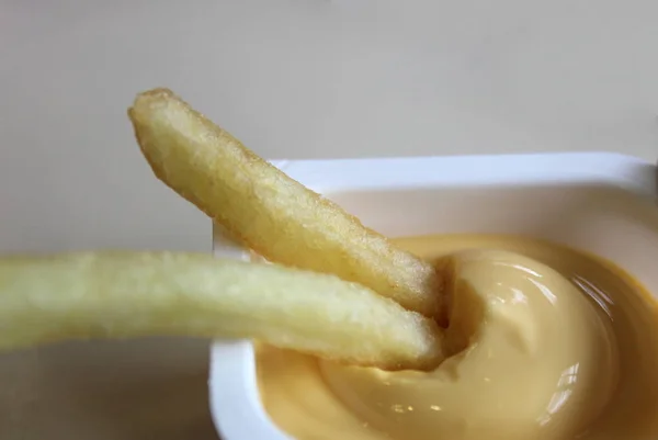 Crispy French Fries Cheese Sauce Lies — Stock Photo, Image
