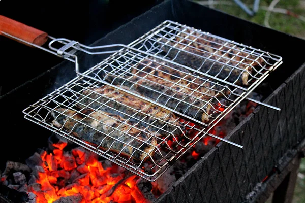 Gebratener Fisch Mit Kohlen Freien — Stockfoto