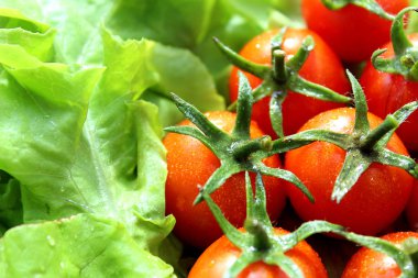 Kırmızı Kiraz domates yeşil marul yaprakları üzerinde yalan