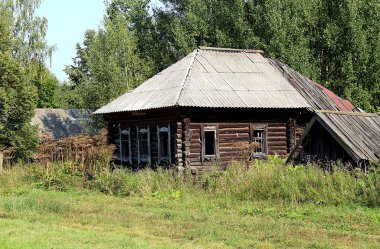 Windows olmadan terk edilmiş bir evde uzun otların arasında duruyor