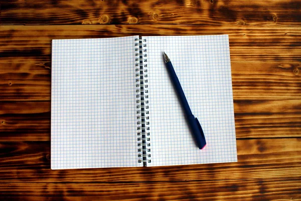 Clean Open Checked Notebook Blue Pen — Stock Photo, Image