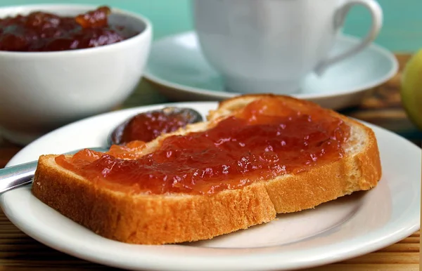 Geleia Maçã Espalhada Pão Para Café Manhã — Fotografia de Stock