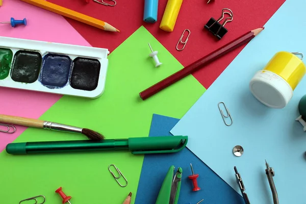 Escola Artigos Papelaria Coisas Mentira Fundo Brilhante Colorido — Fotografia de Stock