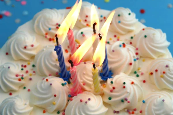 Birthday Cake Candles Birthday Blue Background Confetti — Stock Photo, Image